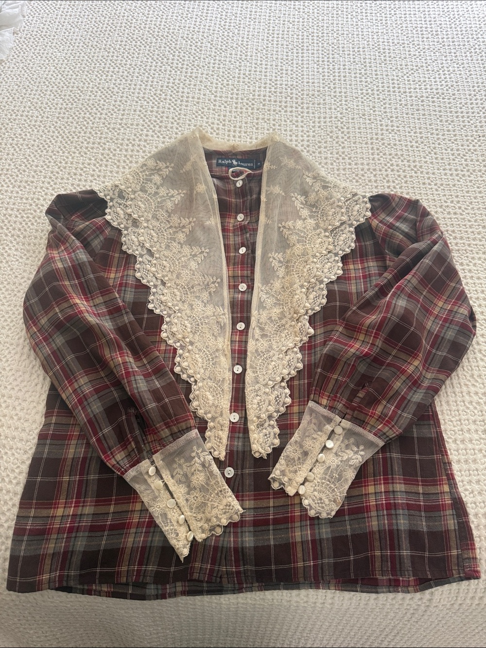 Vintage 80’s Ralph Lauren Plaid Flannel Button Front
Lace Trim Scarf Cuffs - Picture 6 of 16